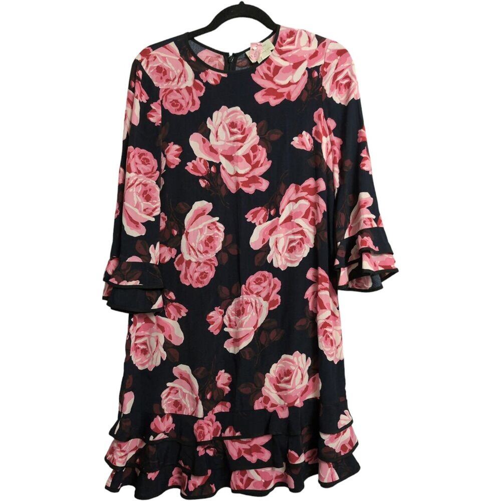 Kate Spade New York Black Floral Ruffle Hem Shift Dress Rambling Roses Rosa S